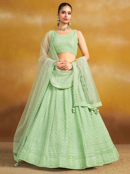 Tulsi Art Fantastic Mint Green Thread Embroidered Georgette Designer Lehenga Choli
