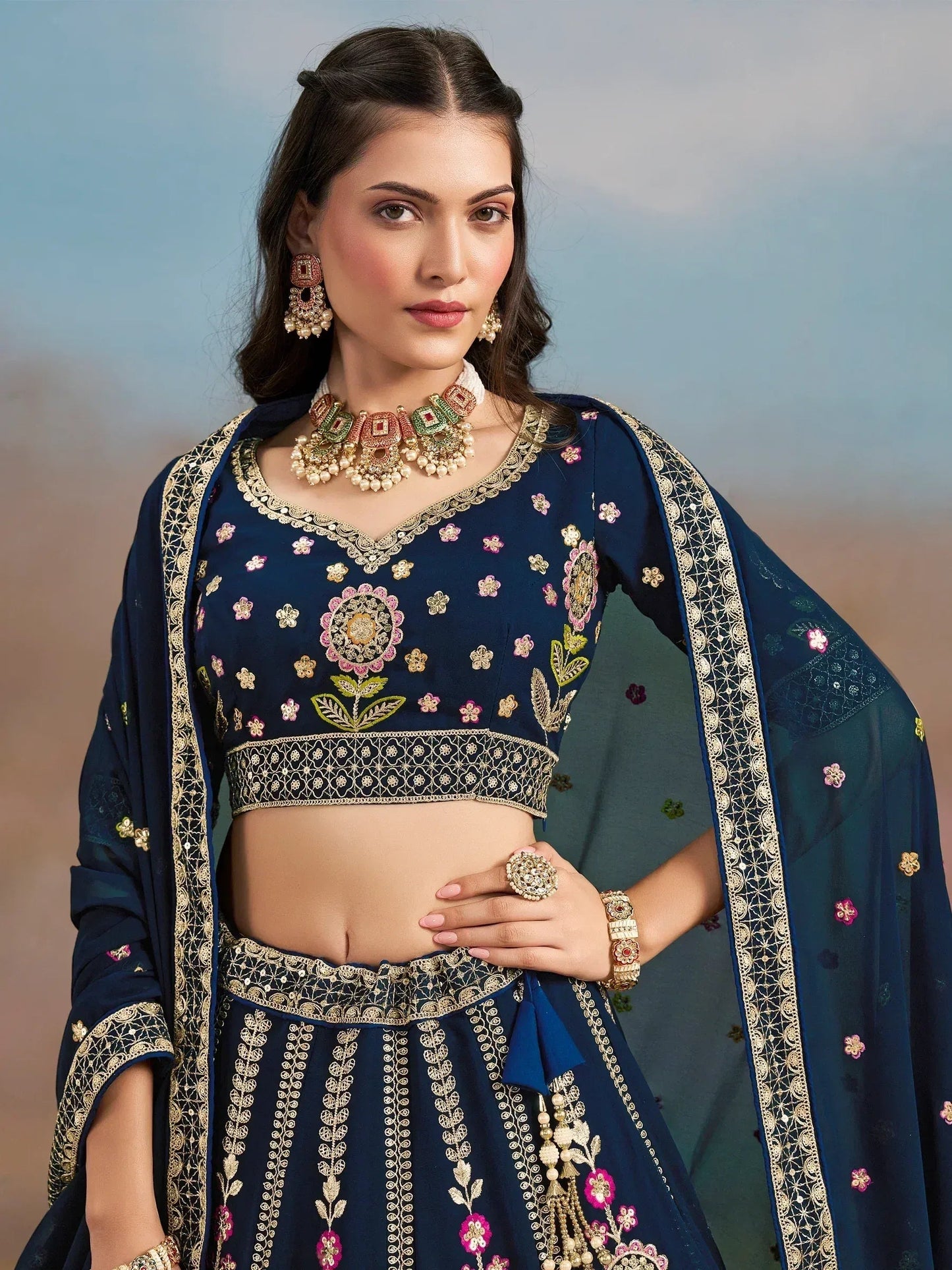 Tulsi Art Fantastic Navy Blue Zari Work Georgette Wedding Wear Lehenga Choli