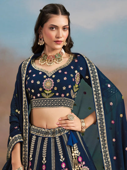 Tulsi Art Fantastic Navy Blue Zari Work Georgette Wedding Wear Lehenga Choli