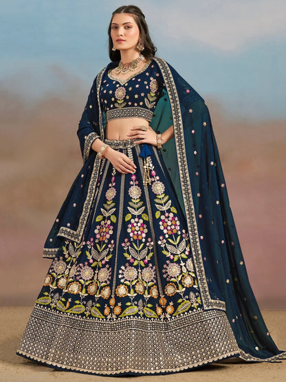 Tulsi Art Fantastic Navy Blue Zari Work Georgette Wedding Wear Lehenga Choli