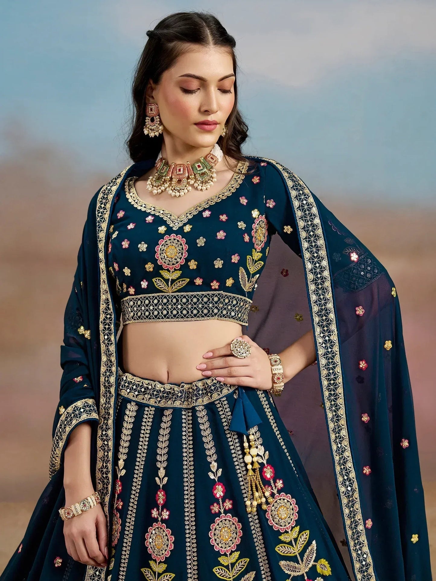 Tulsi Art Fantastic Navy Blue Zari Work Georgette Wedding Wear Lehenga Choli