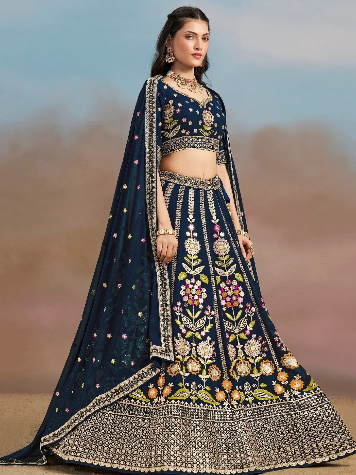 Tulsi Art Fantastic Navy Blue Zari Work Georgette Wedding Wear Lehenga Choli