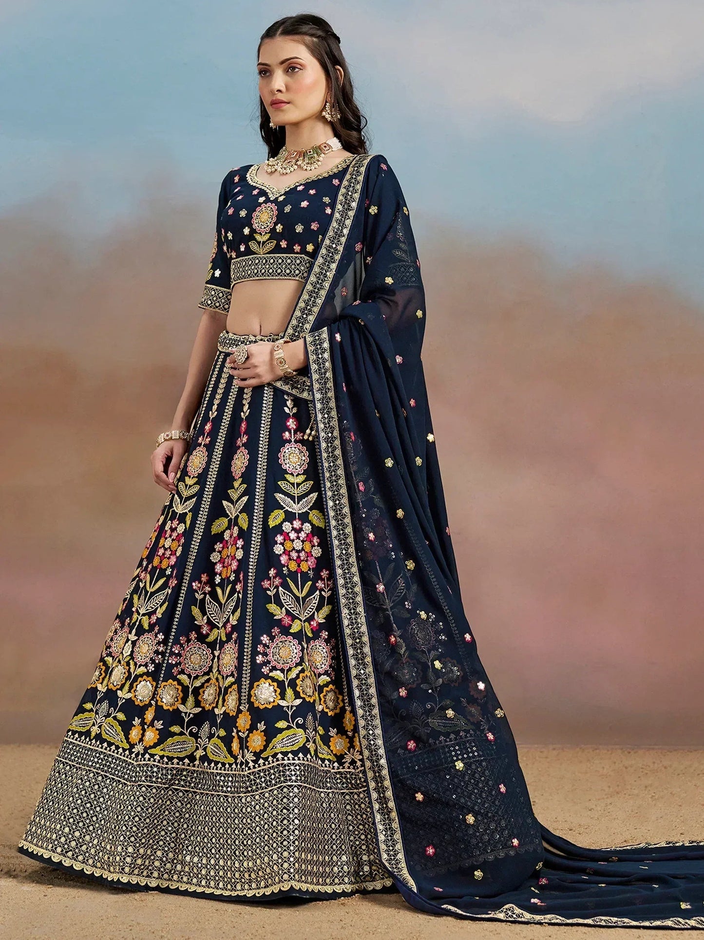 Tulsi Art Fantastic Navy Blue Zari Work Georgette Wedding Wear Lehenga Choli