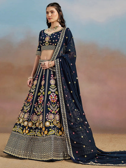Tulsi Art Fantastic Navy Blue Zari Work Georgette Wedding Wear Lehenga Choli