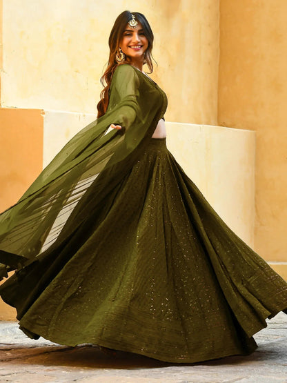 Tulsi Art Fantastic Olive Green Sequins Georgette Lehenga Choli With Dupatta