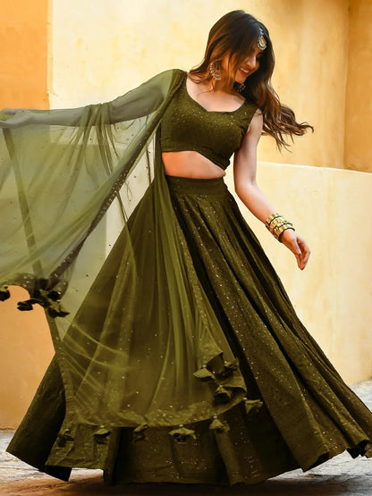 Tulsi Art Fantastic Olive Green Sequins Georgette Lehenga Choli With Dupatta