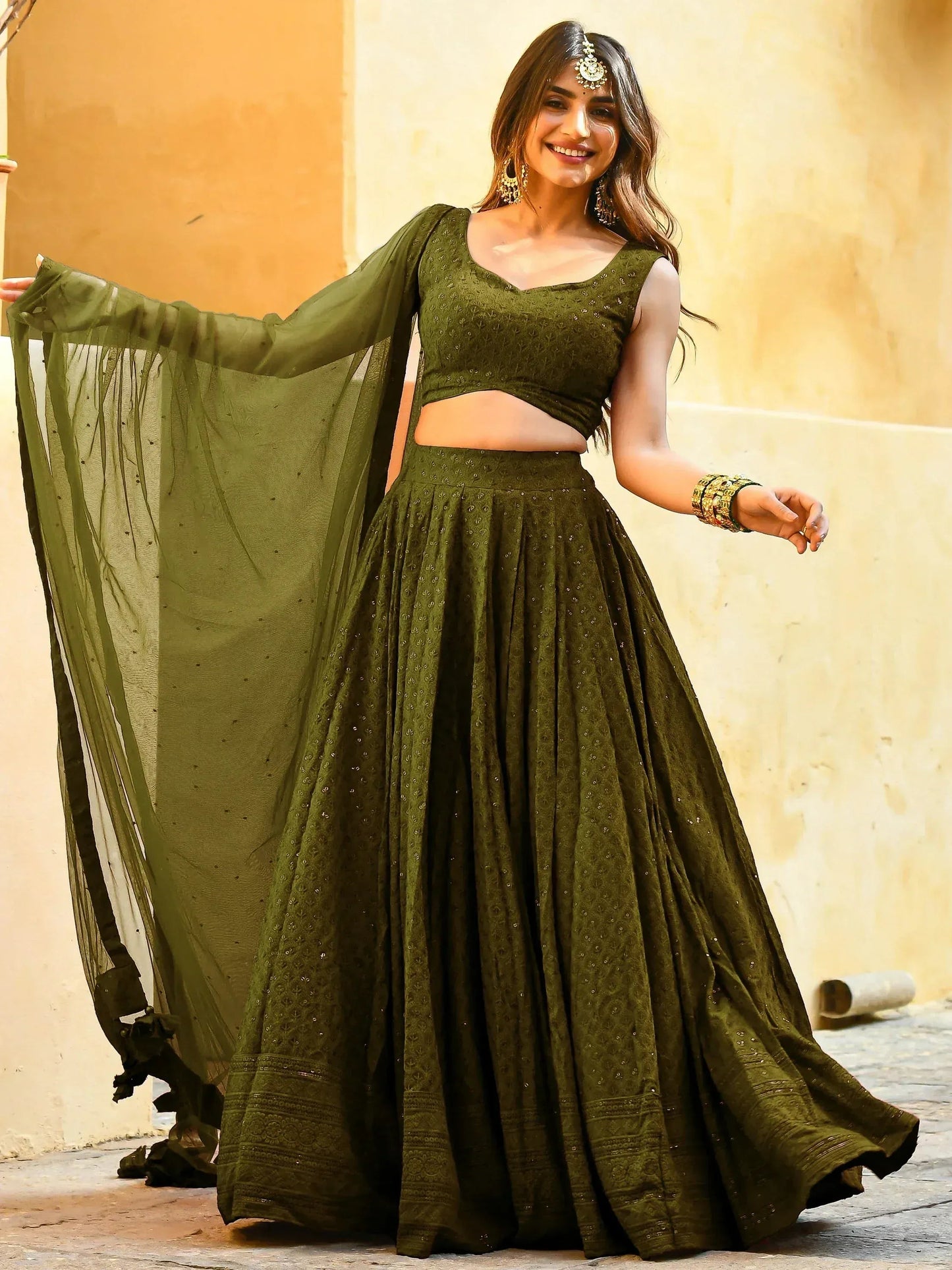 Tulsi Art Fantastic Olive Green Sequins Georgette Lehenga Choli With Dupatta