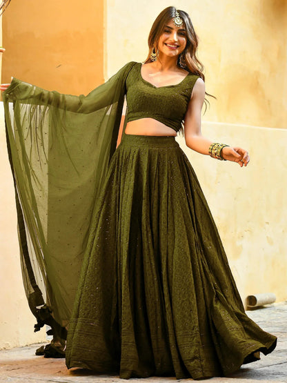 Tulsi Art Fantastic Olive Green Sequins Georgette Lehenga Choli With Dupatta