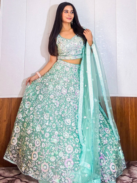 Tulsi Art Fascinating Blue Sequins Net Reception Wear Lehenga Choli With Dupatta