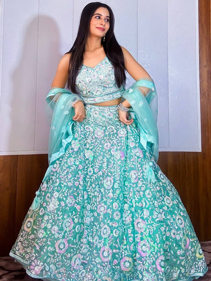 Tulsi Art Fascinating Blue Sequins Net Reception Wear Lehenga Choli With Dupatta
