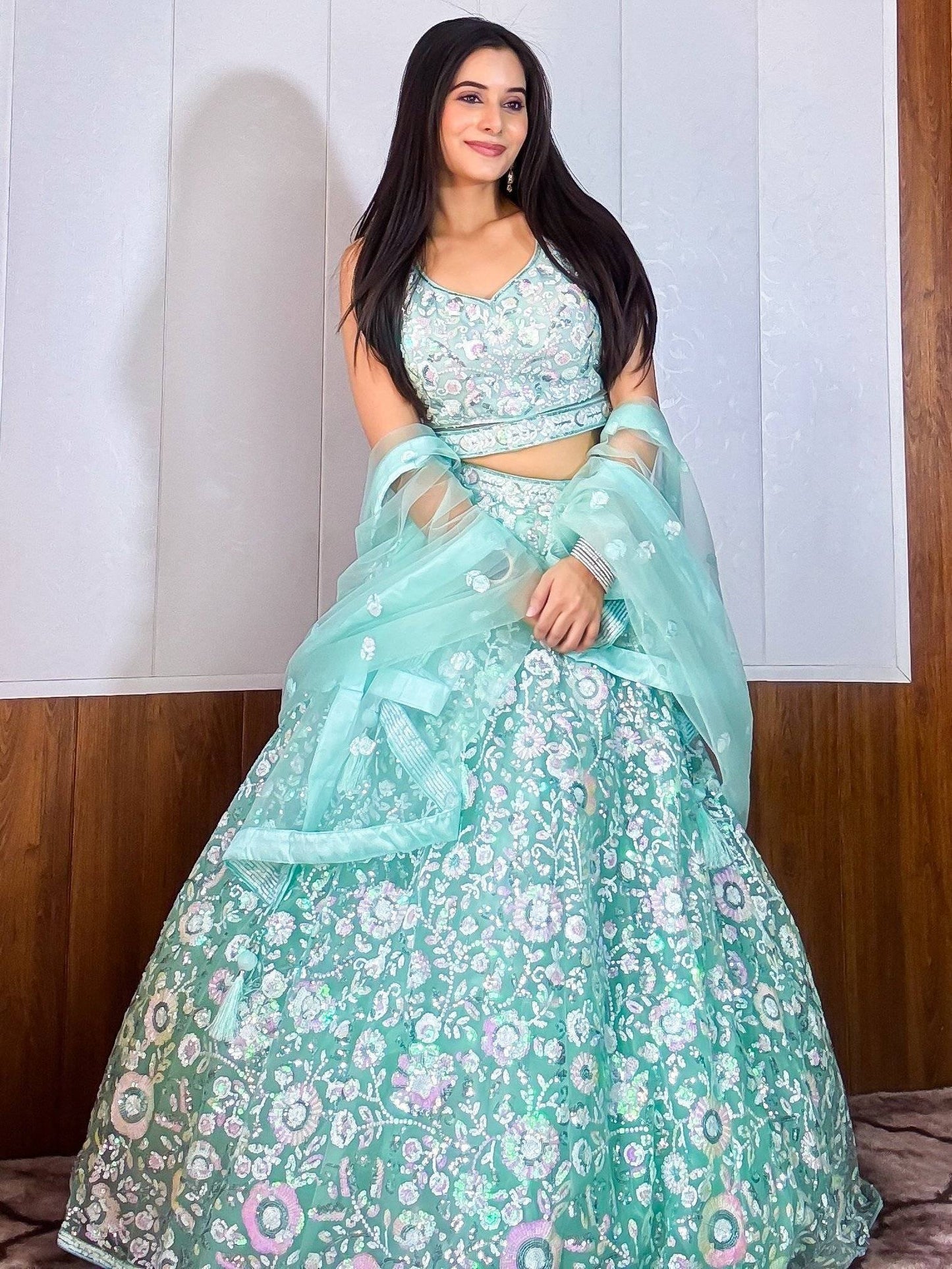 Tulsi Art Fascinating Blue Sequins Net Reception Wear Lehenga Choli With Dupatta