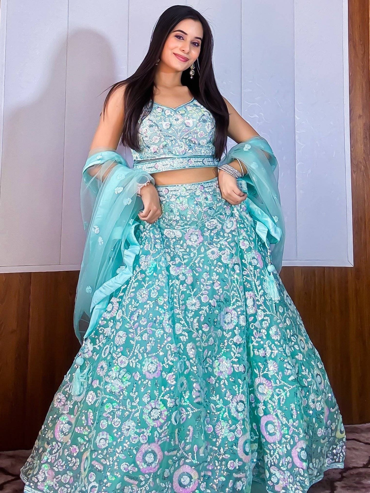 Tulsi Art Fascinating Blue Sequins Net Reception Wear Lehenga Choli With Dupatta