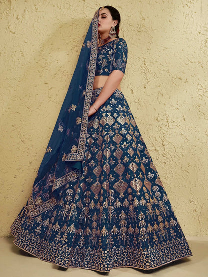 Tulsi Art Fascinating Blue Sequins Silk Wedding Wear Lehenga Choli