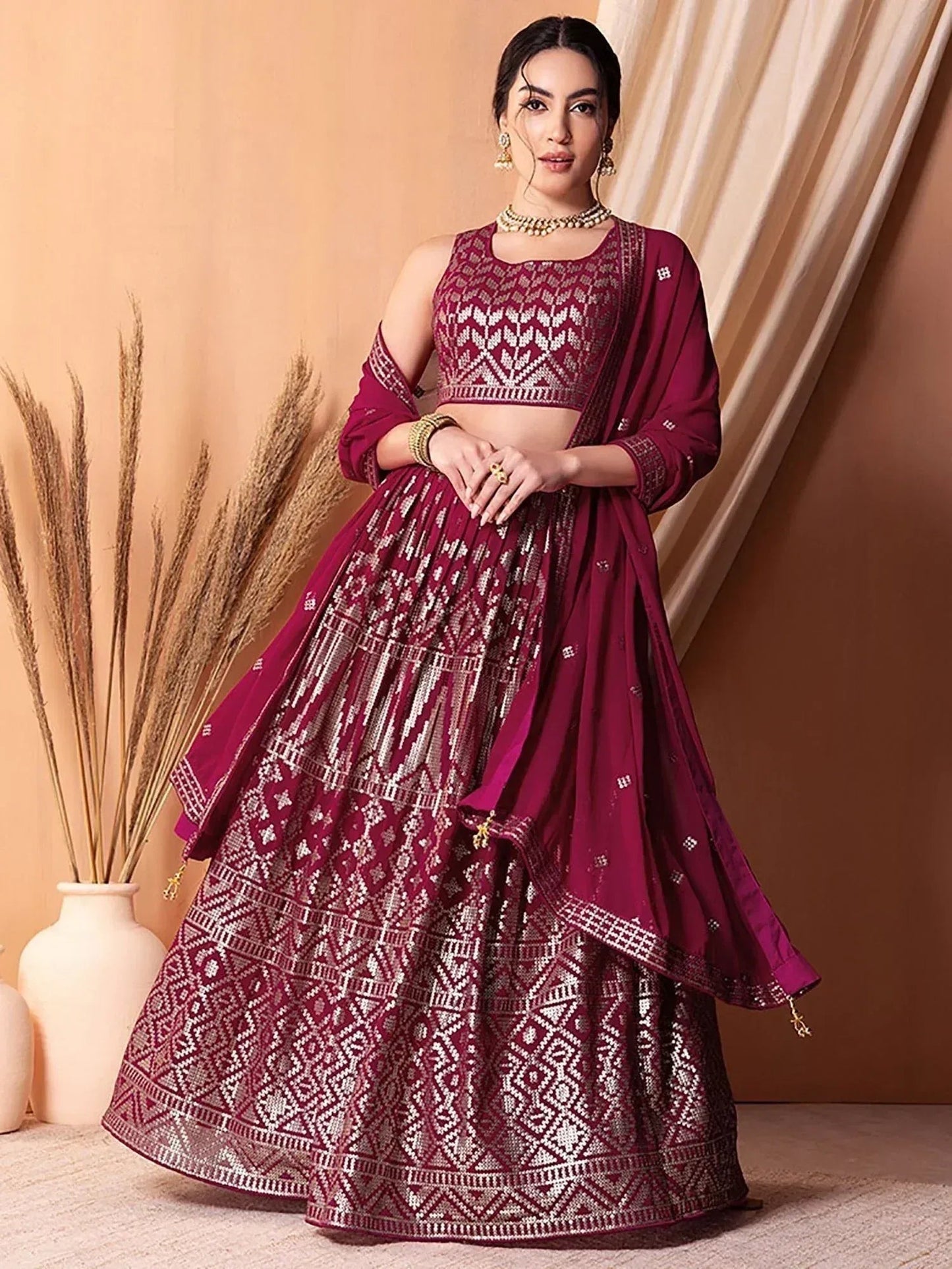 Tulsi Art Fascinating Dark Pink Sequins Georgette Festival Wear Lehenga Choli