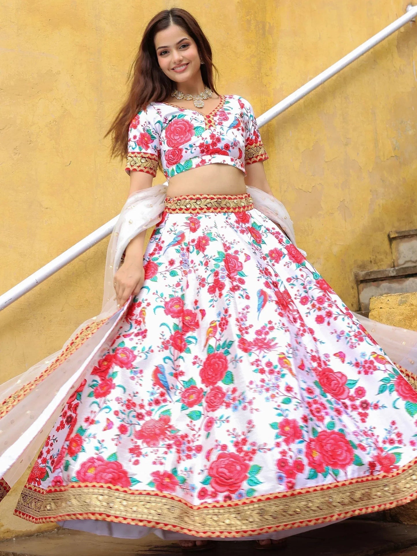 Tulsi Art Fascinating Off White Floral Printed Art Silk Event Wear Lehenga Choli