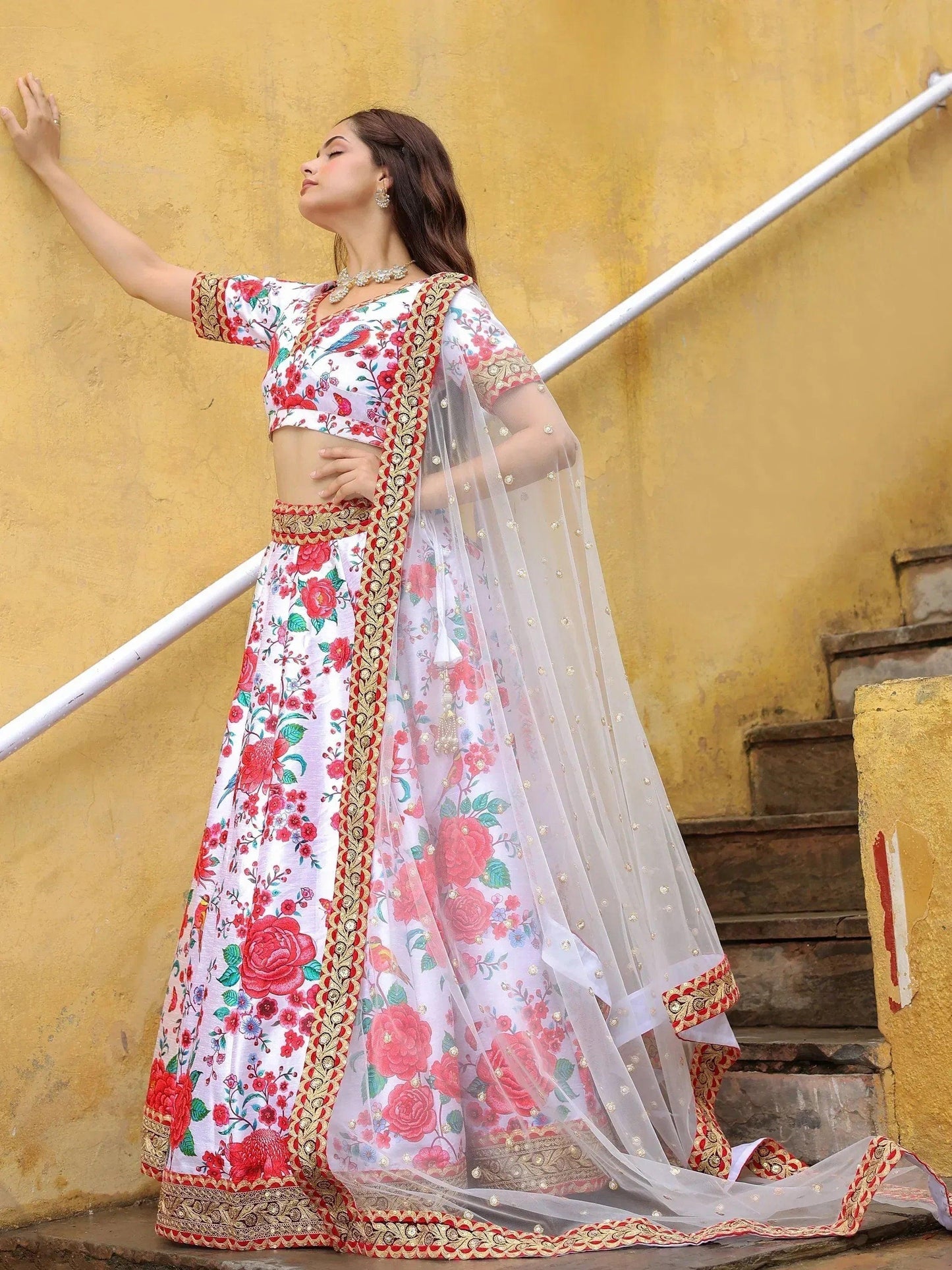 Tulsi Art Fascinating Off White Floral Printed Art Silk Event Wear Lehenga Choli