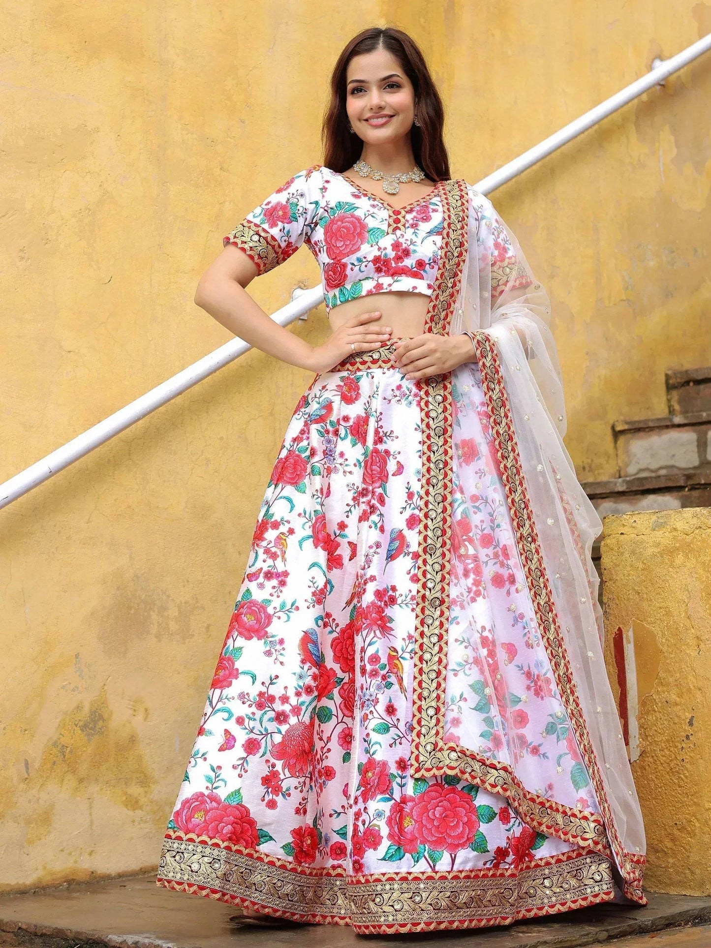 Tulsi Art Fascinating Off White Floral Printed Art Silk Event Wear Lehenga Choli
