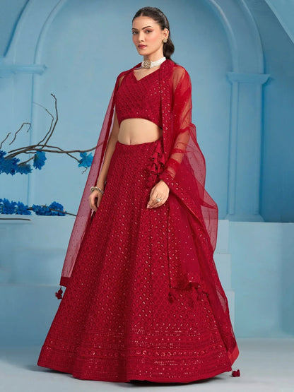 Tulsi Art Fascinating Red Thread Work Georgette Wedding Wear Lehenga Choli