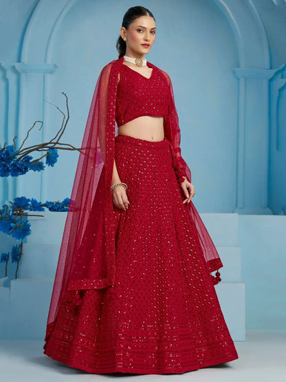 Tulsi Art Fascinating Red Thread Work Georgette Wedding Wear Lehenga Choli