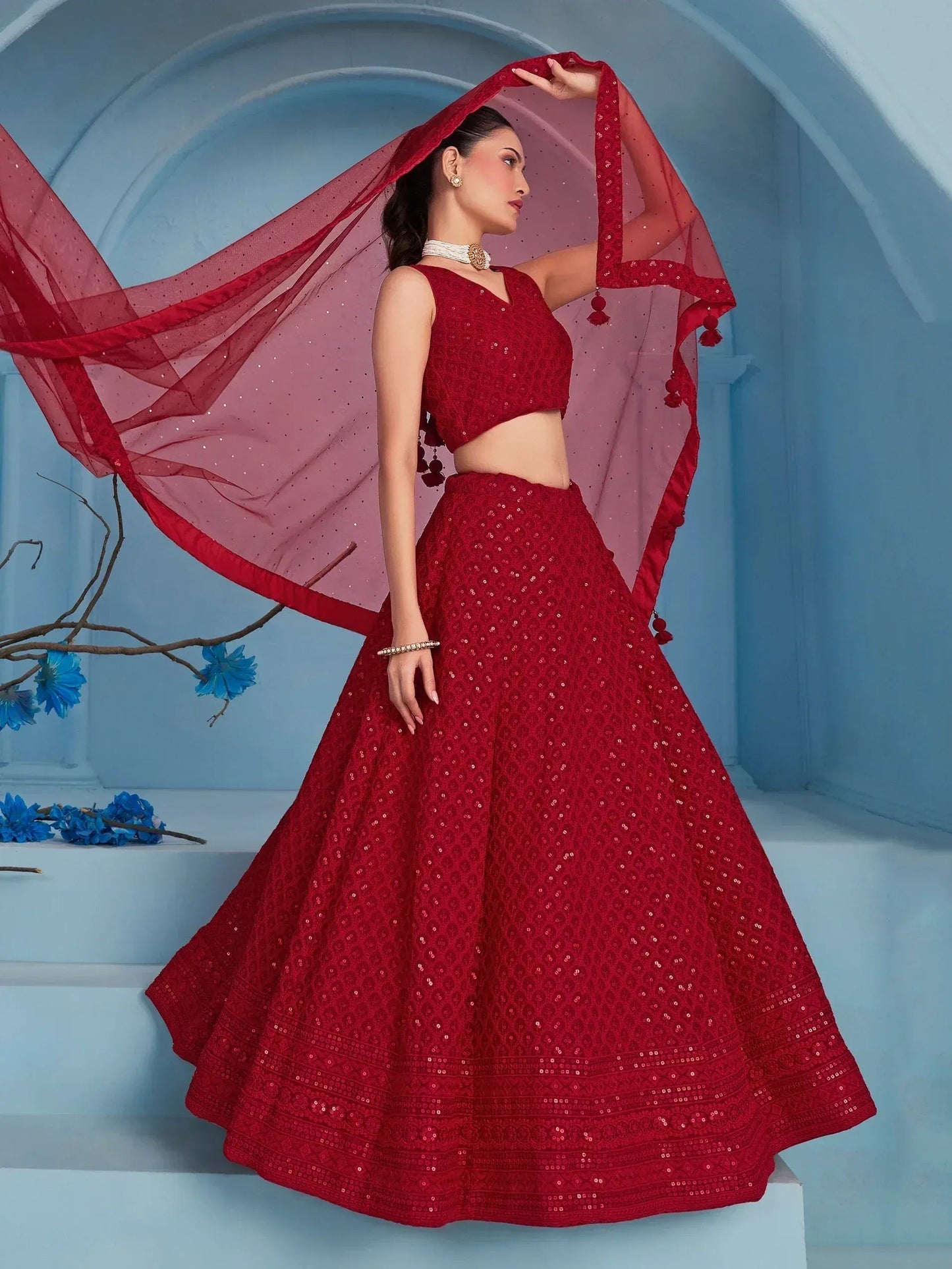 Tulsi Art Fascinating Red Thread Work Georgette Wedding Wear Lehenga Choli