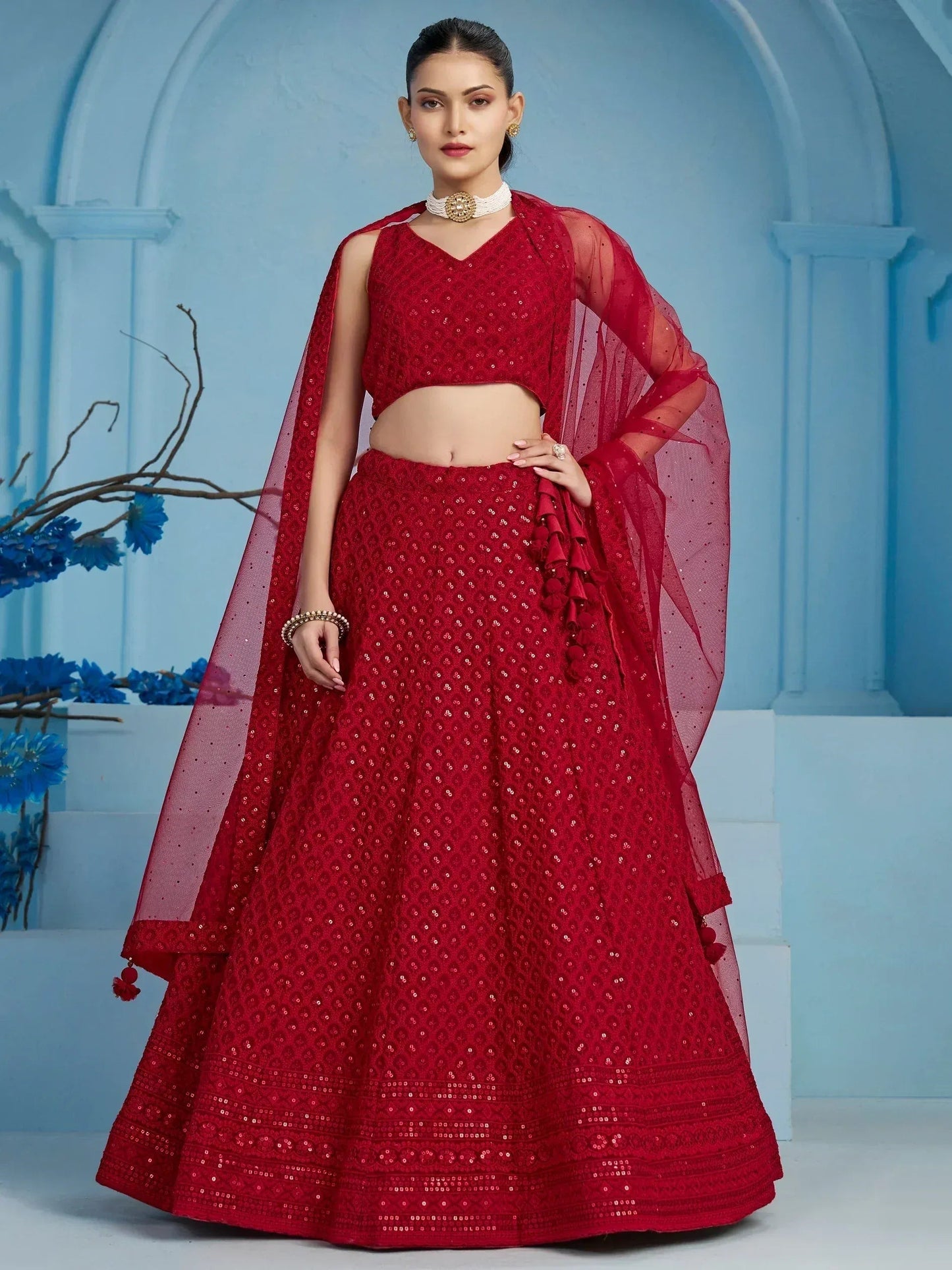 Tulsi Art Fascinating Red Thread Work Georgette Wedding Wear Lehenga Choli