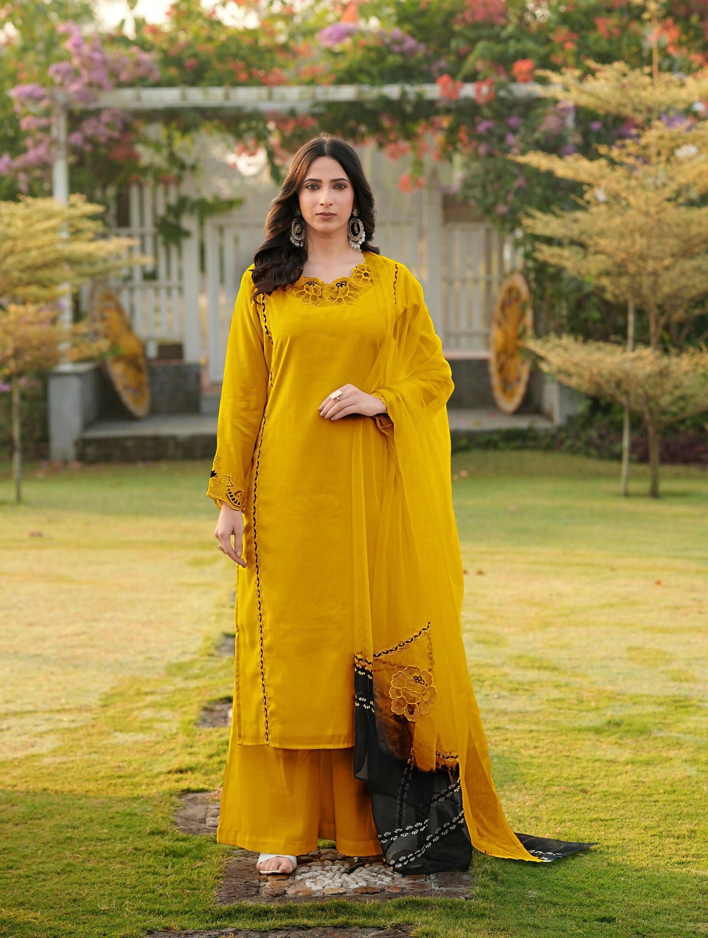Nikhaar Yellow Embroidered Art Silk Stitched Straight Cut Kurta Palazzo Dupatta Readymade Suit