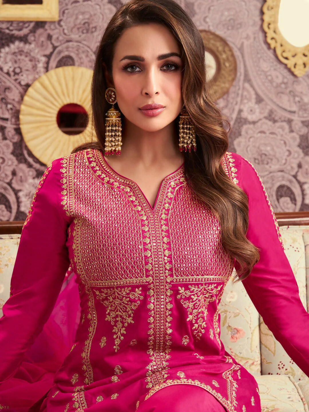 The52 Women's Beautiful Embroidery Work Chanderi Silk Fabric Straight Kurta Palazzo and Dupatta Set-Rani