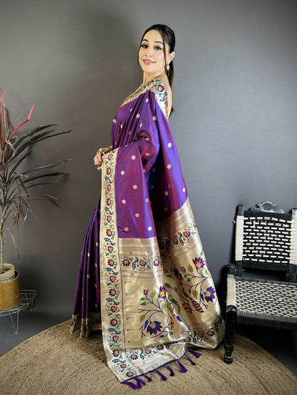 Prime Volt Premium Soft Silk Mayur Paithani Saree with Peacock Meena Weaving & Rich Pallu-Purple