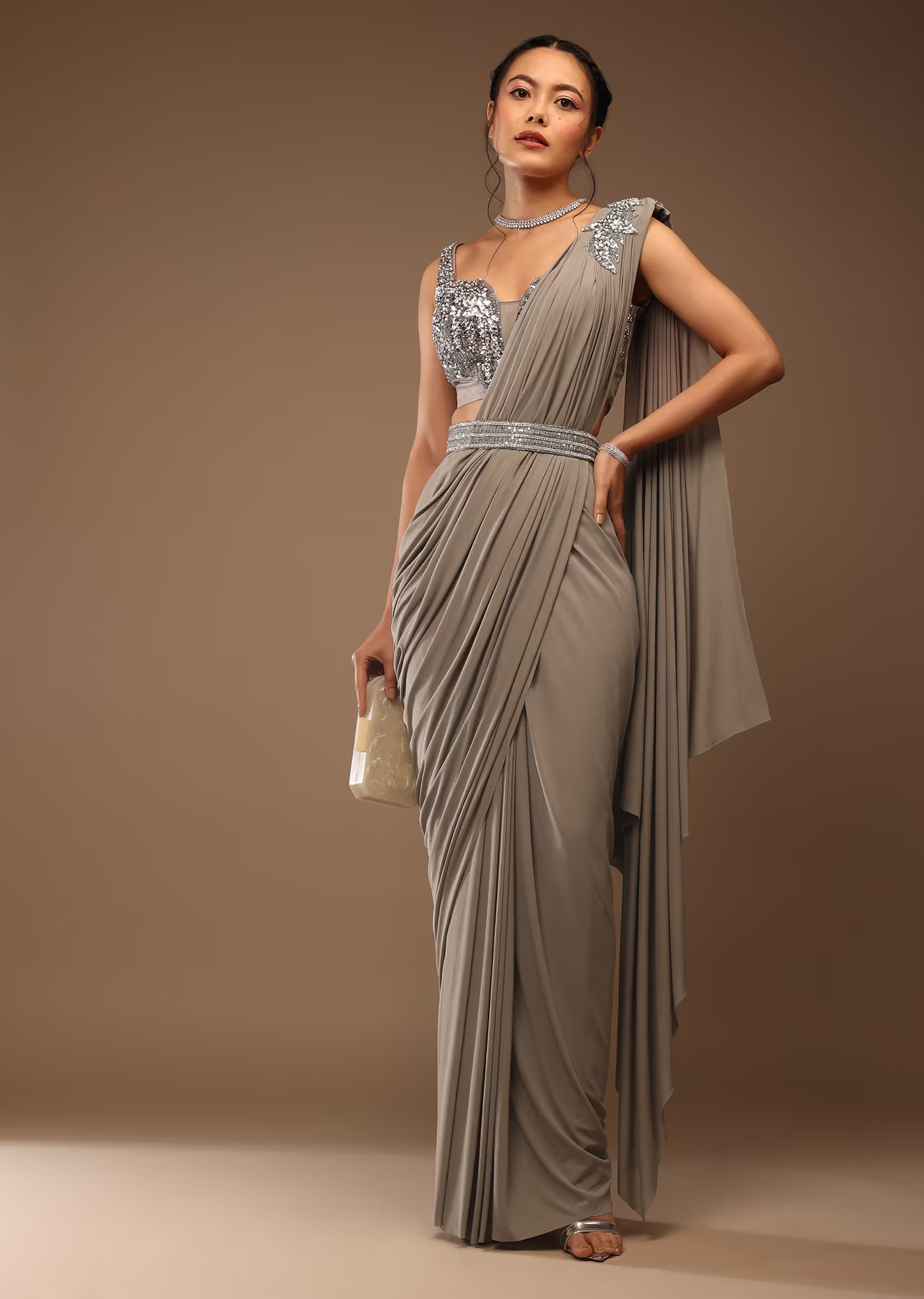Flint Grey Readymade Saree With A Crop Top Embellished In Sequins With A Corset Neckline