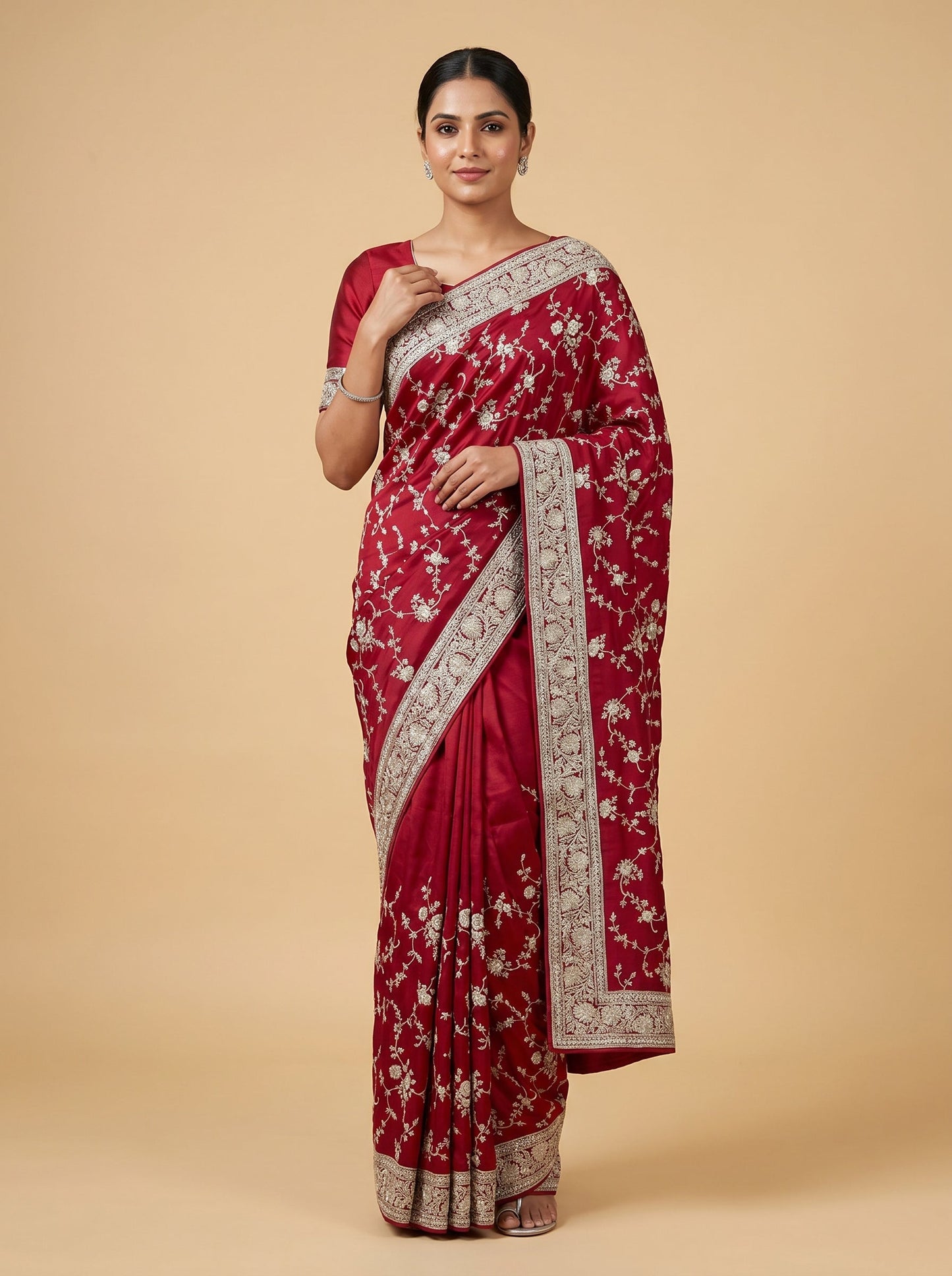 Floral Maroon Embroidered Saree