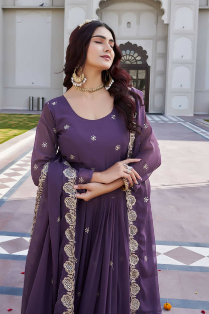 Teeya Creation Womens Wedding Wear Heavy Sequence Embroidery Work Purple Gown Set