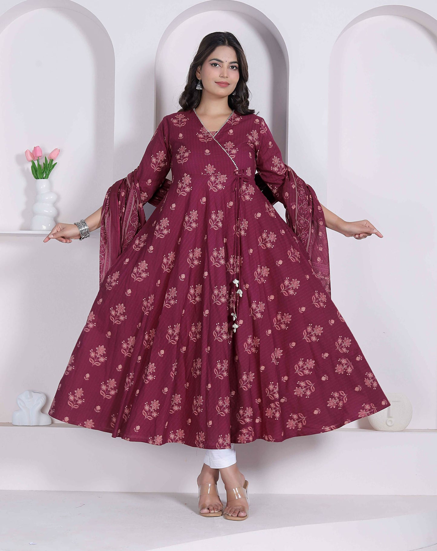 Miravan Womens Maroon Floral Printed Angrakha Pure Cotton Kurta And Dupatta