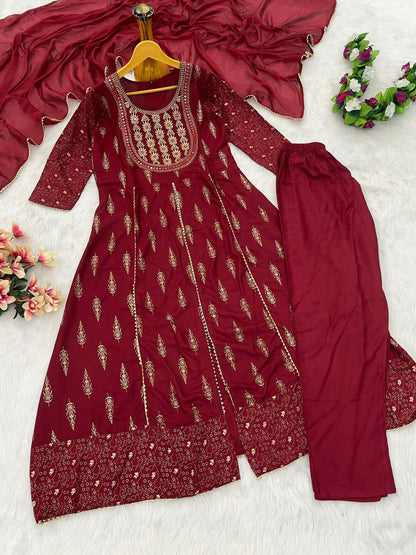 Teeya Creation Women's Maroon Fully Stitched Anarkali Kurta With Pant And Dupatta Set