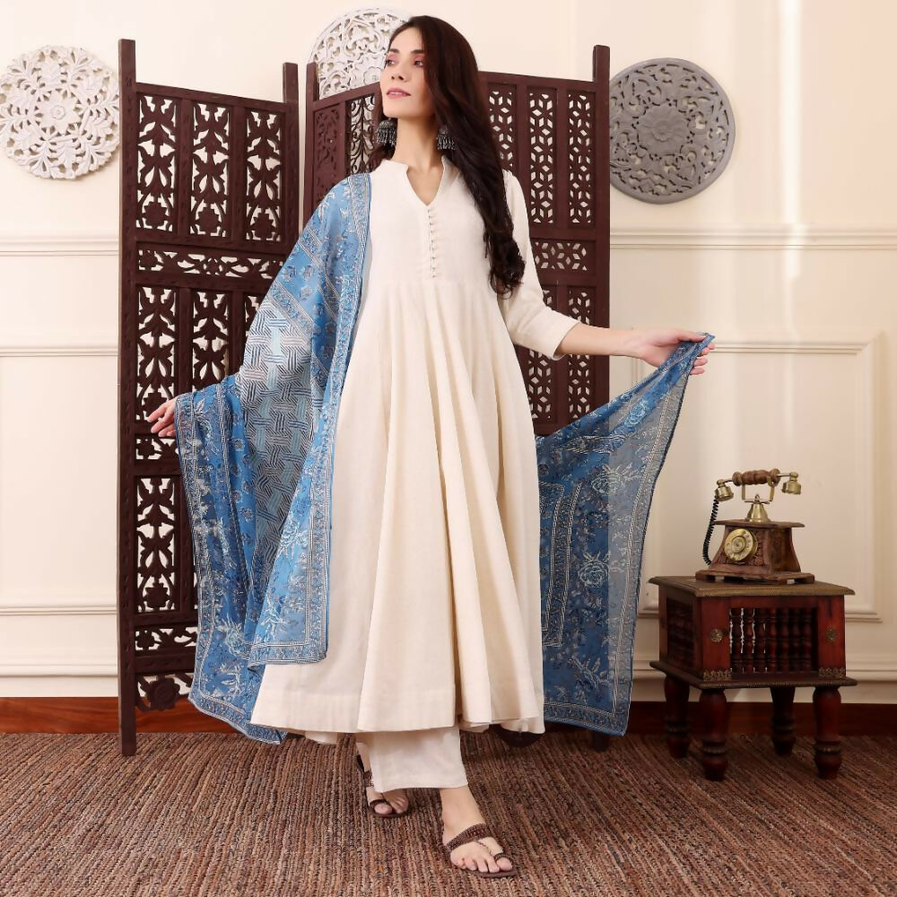 The52 Women's Beautiful Solid Chanderi Silk Fabric Flared Anarkali Pant and Dupatta Set-Off White