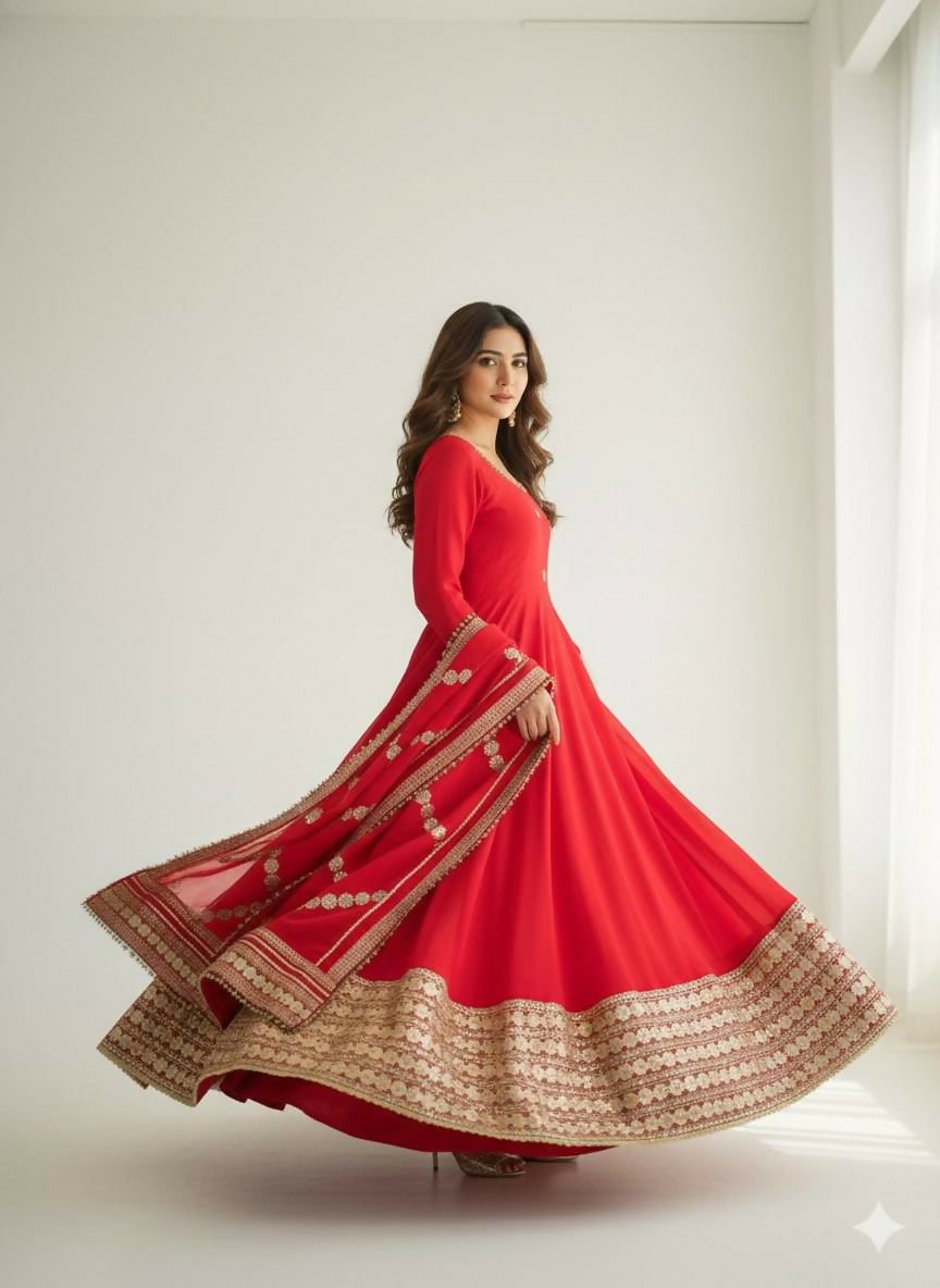 Teeya Creation Womens New Fancy Silk Heavy Quality Fabricwith Handwork Red Gown Set