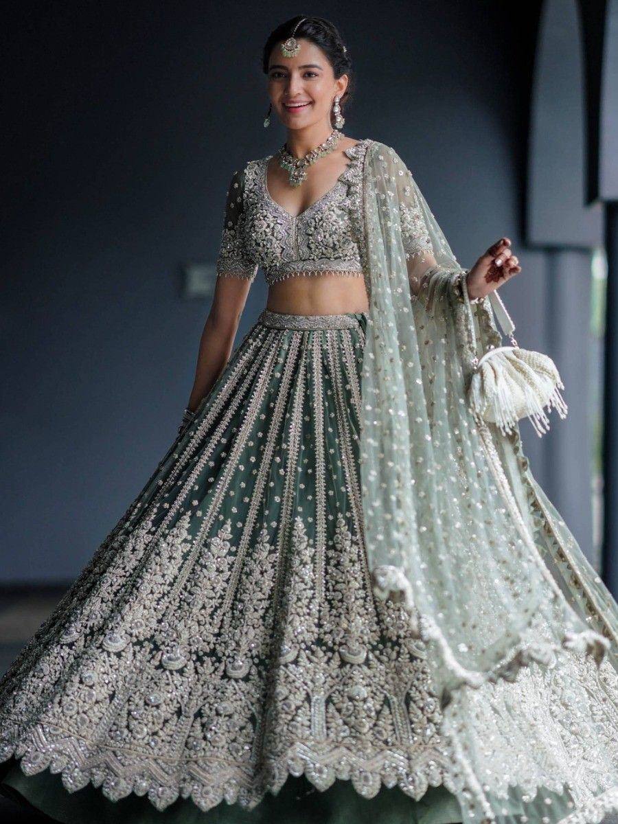 Tulsi Art Alluring Green Sequins Net Engagement Wear Lehenga Choli With Dupatta