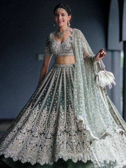 Tulsi Art Alluring Green Sequins Net Engagement Wear Lehenga Choli With Dupatta
