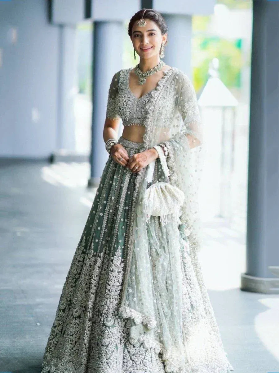 Tulsi Art Alluring Green Sequins Net Engagement Wear Lehenga Choli With Dupatta