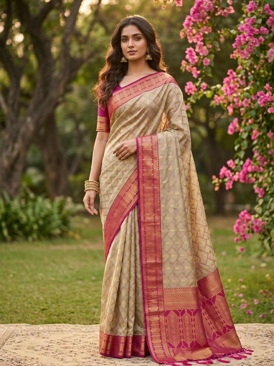 Shree Shyam Fashion Chiku With Pink Cotton Saree