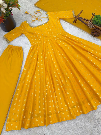 Teeya Creation Mustard Yellow Anarkali Gown With Foil Print Work - Festive Ethnic Wear Set