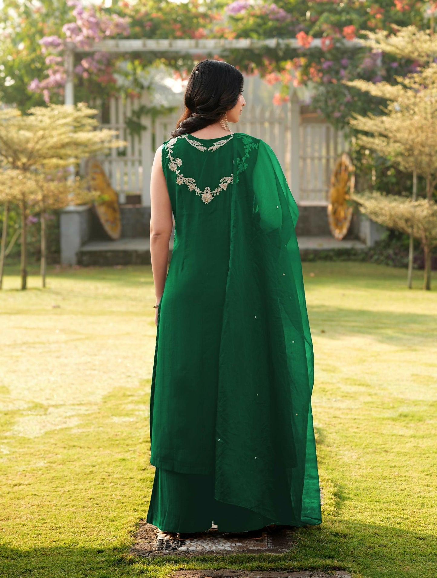 Nikhaar Green Embroidered Art Silk Stitched A Line Kurta Palazzo Dupatta Readymade Suit