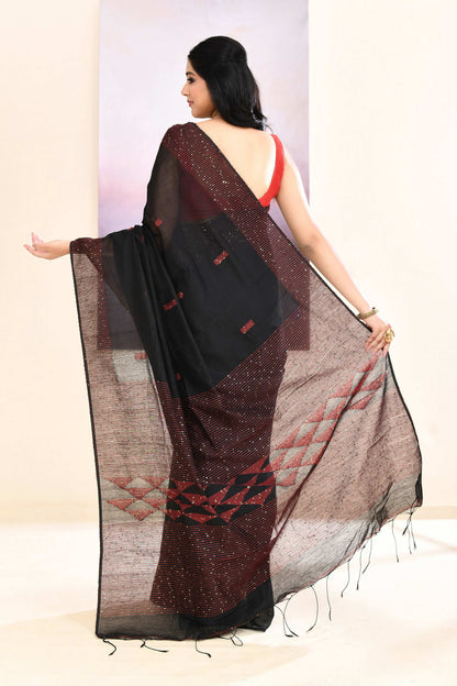 Piyari Fashion Women's Black Sequins Embellished Cotton Blend Jamdani Saree