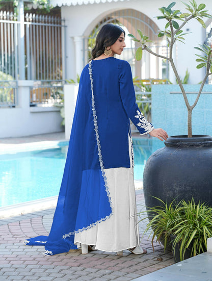 Nikhaar Royal Blue Embroidered Modal Silk Stitched Straight Cut Kurta Kalidar Palazzo Dupatta Readymade Suit