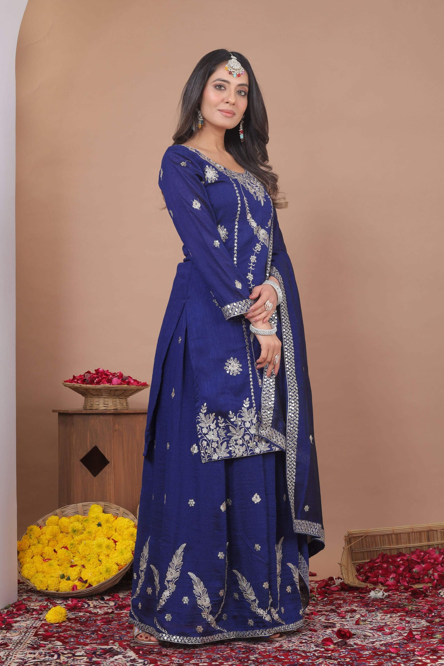 The52 Women's Gorgeous Embroidery Work Vichitra Blooming Fabric Straight Kurta Sharara and Dupatta Set-Blue