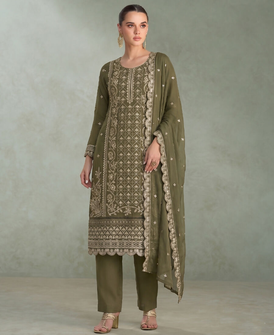 KC Mahendi Green Pakistani Straight Suit For Women Chiffon