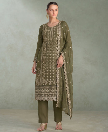 KC Mahendi Green Pakistani Straight Suit For Women Chiffon