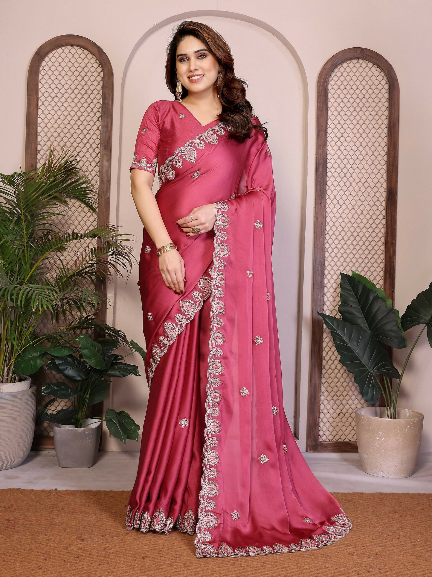 Teeya Creation New Trendy Party Wear Soft Satin Chiffon Saree-Peach