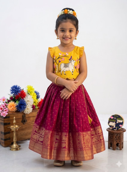 Teeya Creation New Trendy Designer Kids Girls Yellow & Red Silk Pichwai Cow Motif Lehenga Choli Set-Yellow