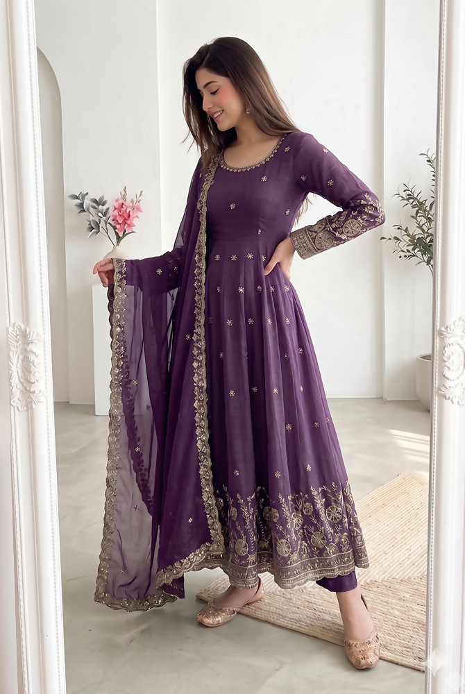 Teeya Creation New Stylish Trendy Elegant Purple Embroidered Anarkali Suit with Dupatta