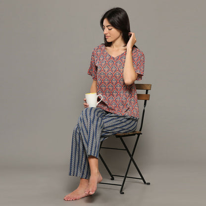Breathables Women Cotton Printed Loungewear Kurta And Pants Co-Ord Set Pink & Navy I Nightwear